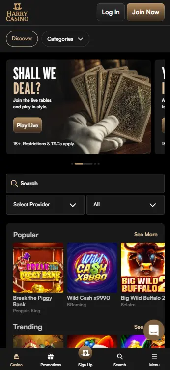 Harry Casino App Homepage